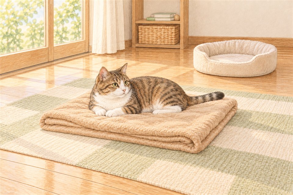 空のベッドとは別の清潔な毛布で自分から休む猫の概念