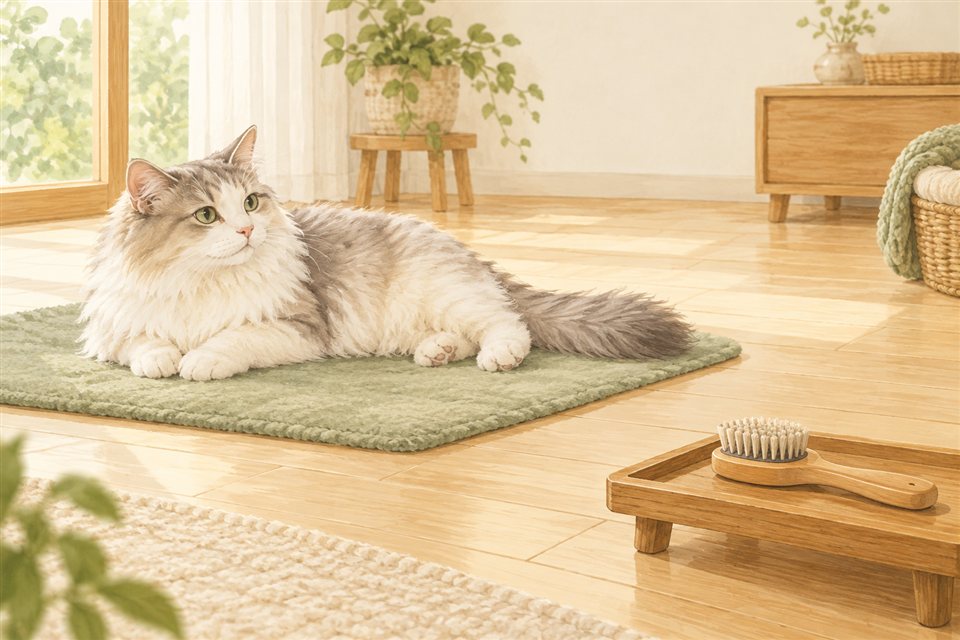 マットにいる猫と、離れたトレーに置かれたブラシの説明イラスト
