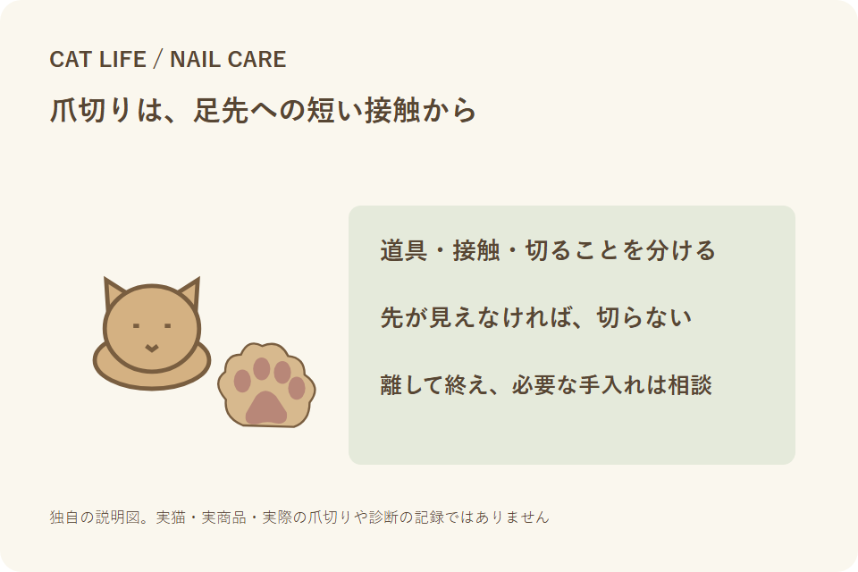 猫の爪切りで接触と切ることを分け、先を確認して終える独自説明図
