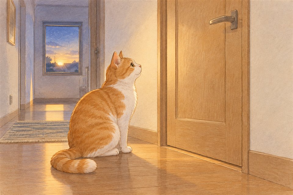 明け方に寝室の扉の前へ来る猫の説明イラスト