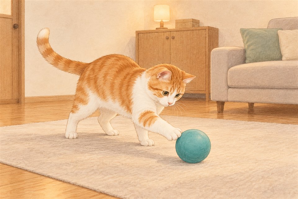 形が単純な玩具へ自分から近づく猫の説明イラスト