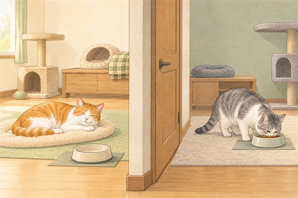 先に食べ終わった猫は別の場所で休み、もう一匹は食事を続ける説明イラスト