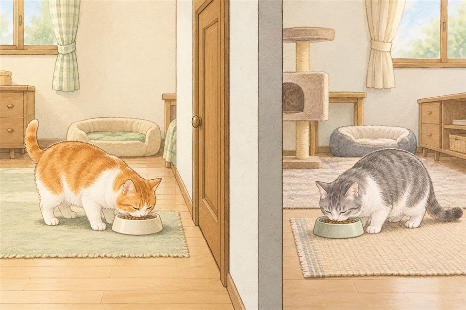 視線と移動を分けた別の部屋でそれぞれ食べる猫の説明イラスト