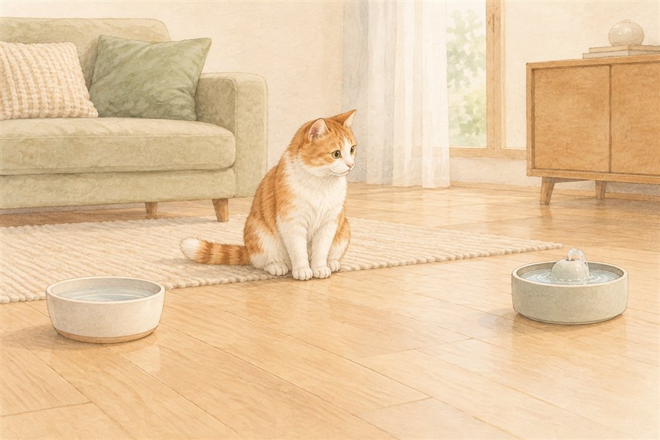 慣れた水皿を残し、別に置いた給水器を見る猫の説明イラスト