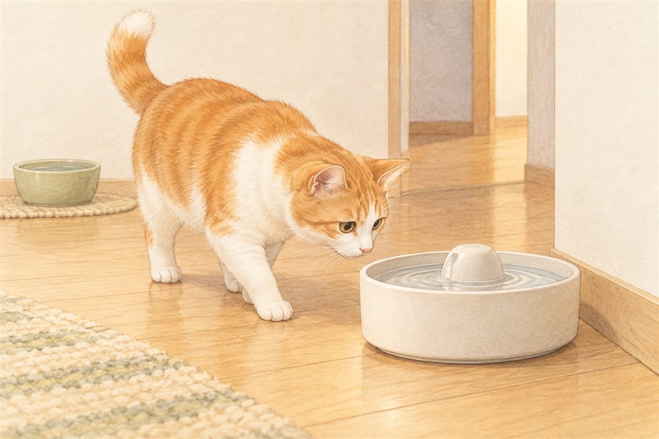 静かな出入りのよい場所の給水器へ自分から近づく猫の説明イラスト