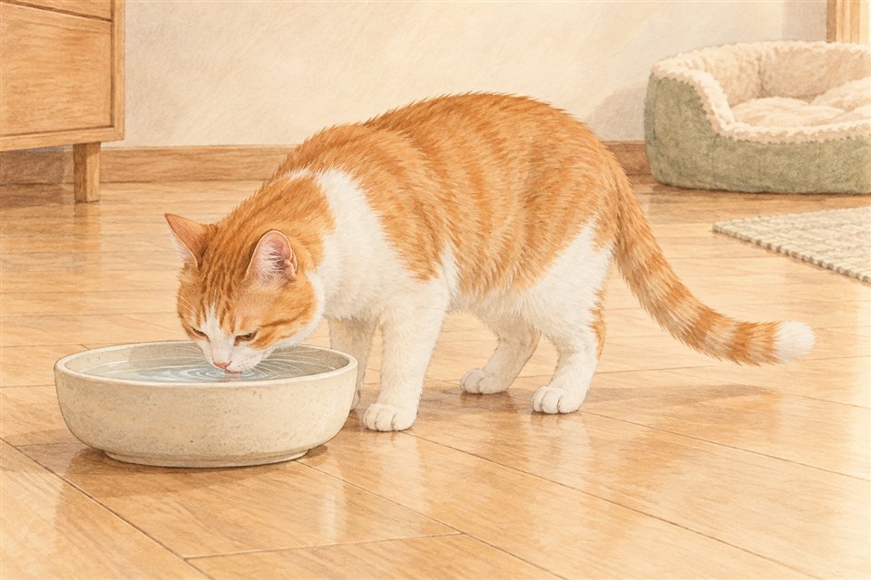 普段の水皿から落ち着いて水を飲む猫の説明イラスト