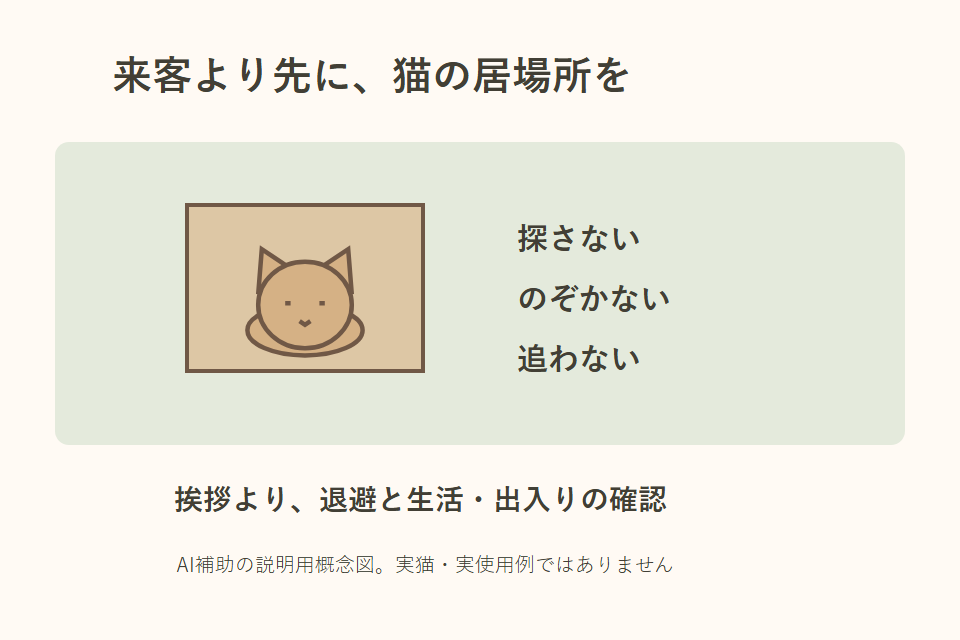 猫の退避場所を守り、来客への約束と出入りを整える独自説明図