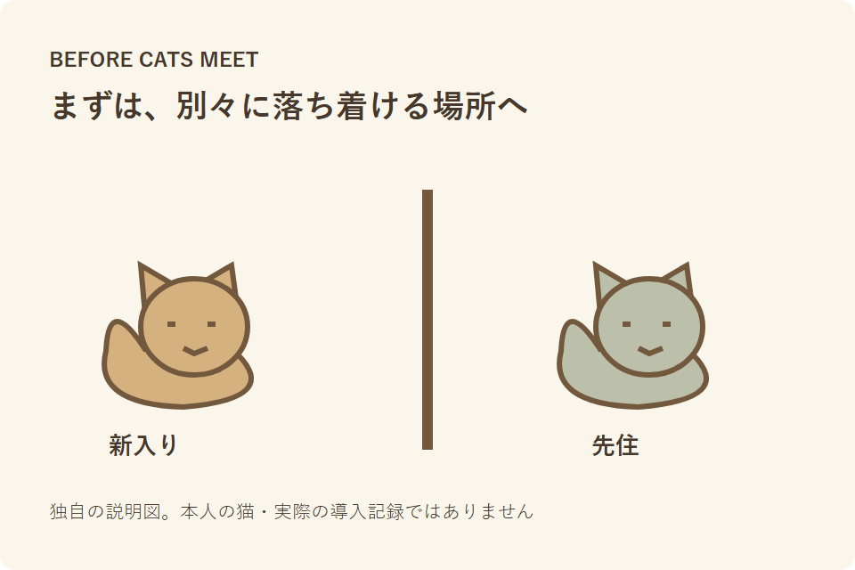 新入り猫と先住猫の対面前の部屋分けを示す独自説明図