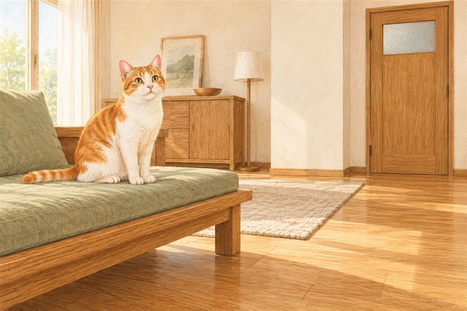 台所と離れた部屋の安定した低いベンチに座る猫の説明場面