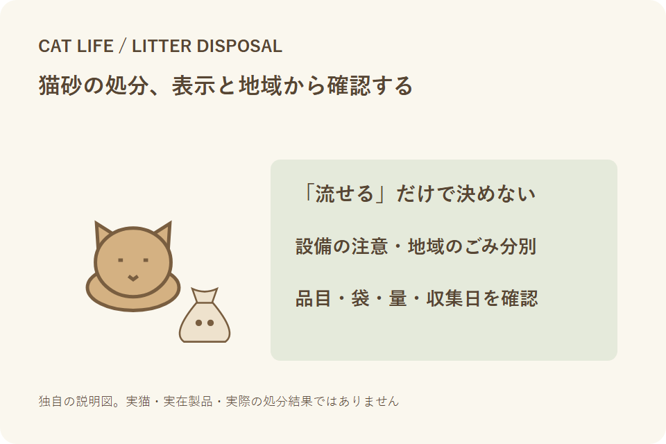猫砂の表示、設備、自治体の袋と収集条件を確認する独自説明図