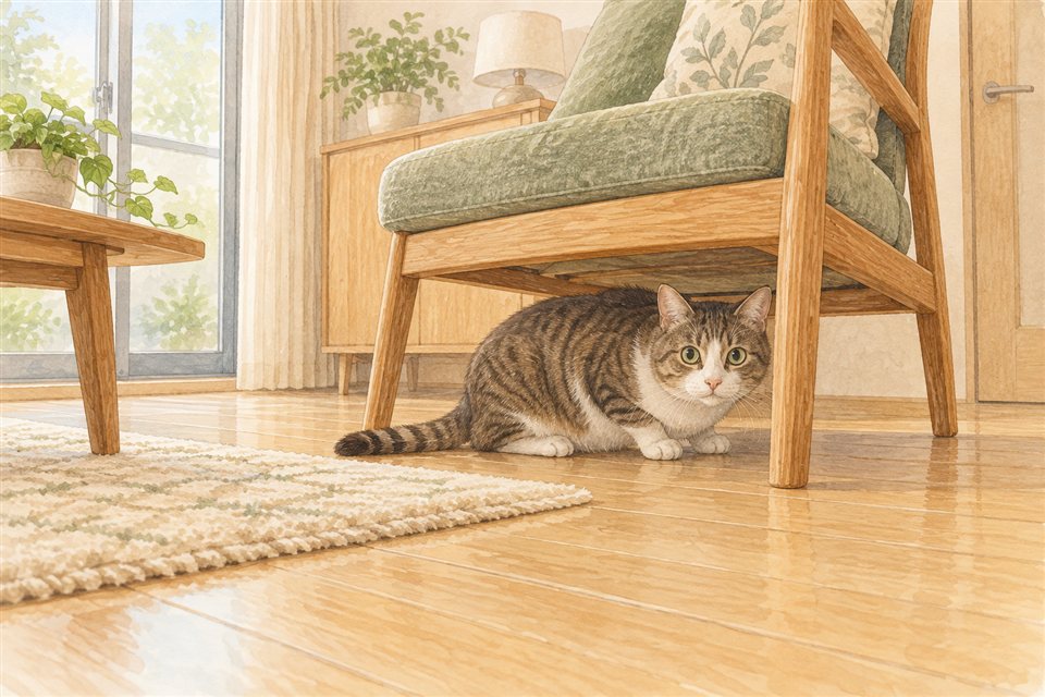 低い椅子の陰に隠れている猫の説明イラスト
