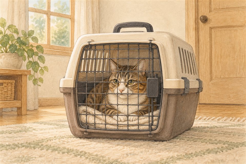 閉じた室内でキャリーに入っている猫の説明イラスト