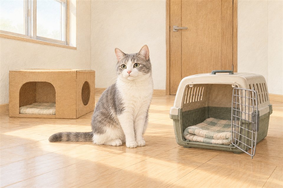 閉じた室内扉の前で、開いたキャリーと隠れ箱のそばにいる猫の説明イラスト