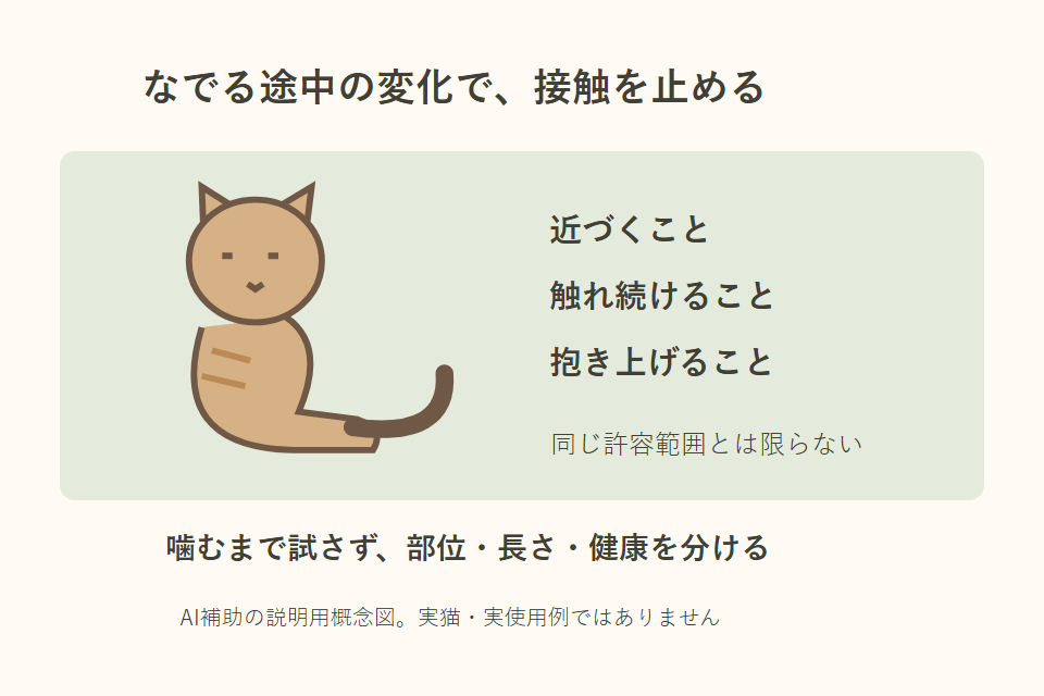 なでる接触の区切りと、猫が選べる関わりを示す独自説明図