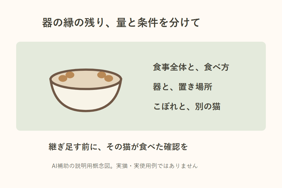 器の縁の残りと、食事全体や器の条件を分けて確かめる独自説明図