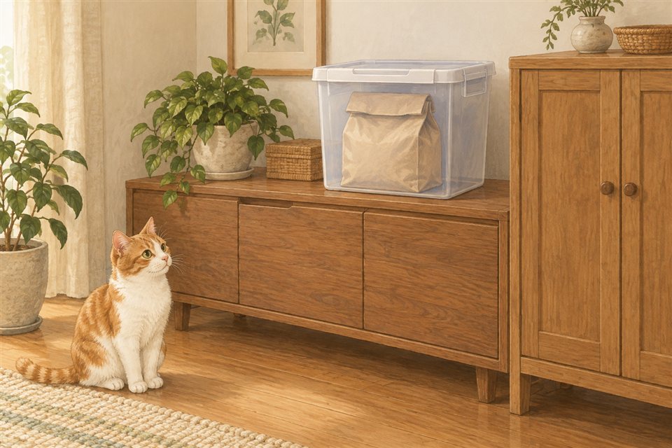 口を折った袋を入れた容器と、離れて座る猫の説明イラスト