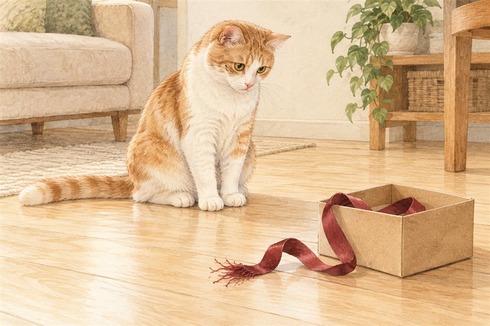 包装用リボンのある箱と、離れて座る猫の説明イラスト