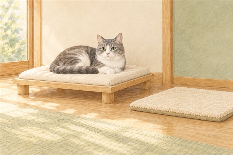 低い台のクッションで休む猫と、別に残した床の敷物