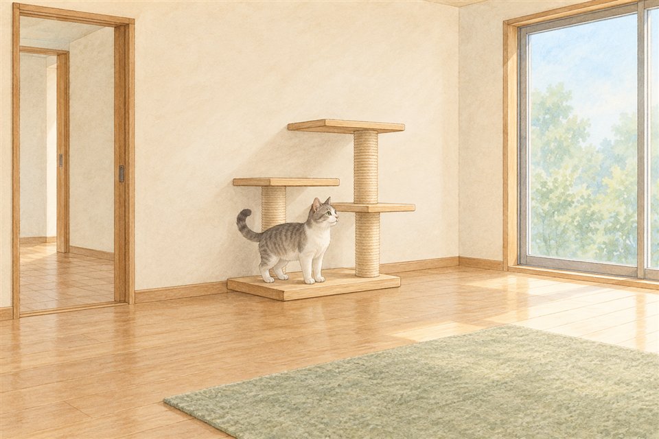 静かな壁側に置いた低めのタワーと、猫が行き来する周囲の空間