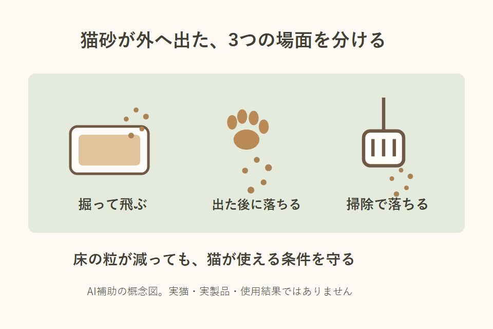 掘る時・出た後・掃除中の砂の散らばりを分けた独自説明図