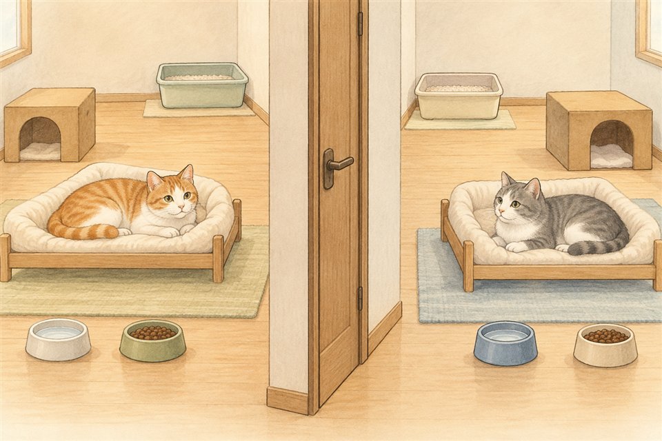 壁と扉で分かれた場所にそれぞれの猫と生活資源を用意する説明イラスト