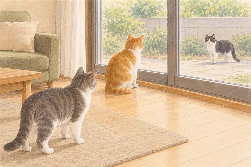 窓の外の猫を見る室内猫と、少し離れた同居猫の位置を示す説明イラスト